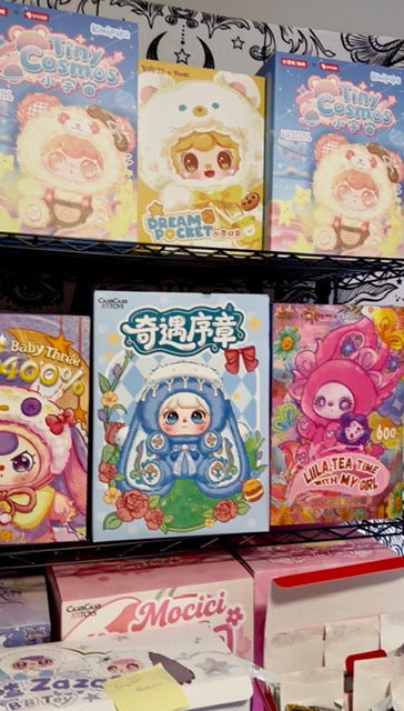 Colorful collectible toy and plush boxes arranged on black display shelves.