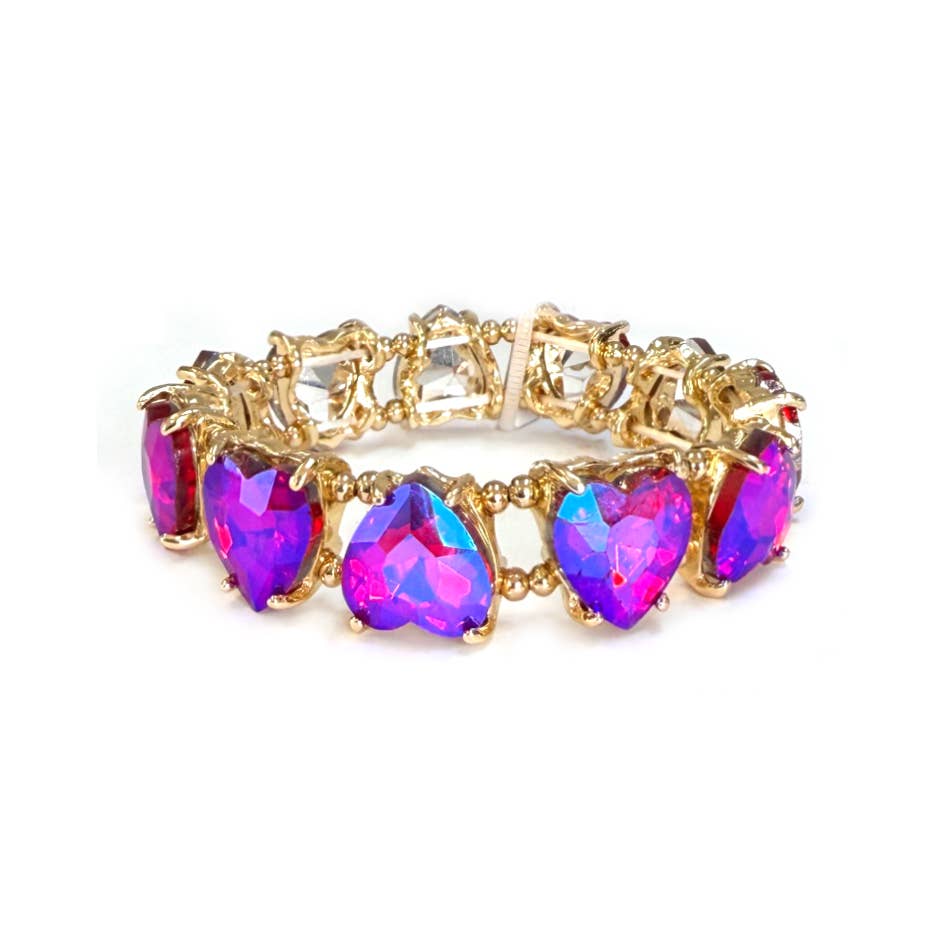 Fuchsia AB crystal bead stretch bracelet with heart-shaped center stones and gold-tone links