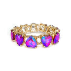 Fuchsia AB crystal bead stretch bracelet with heart-shaped center stones and gold-tone links