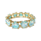 Aqua blue crystal bead stretch bracelet with heart-shaped stones and gold-tone links