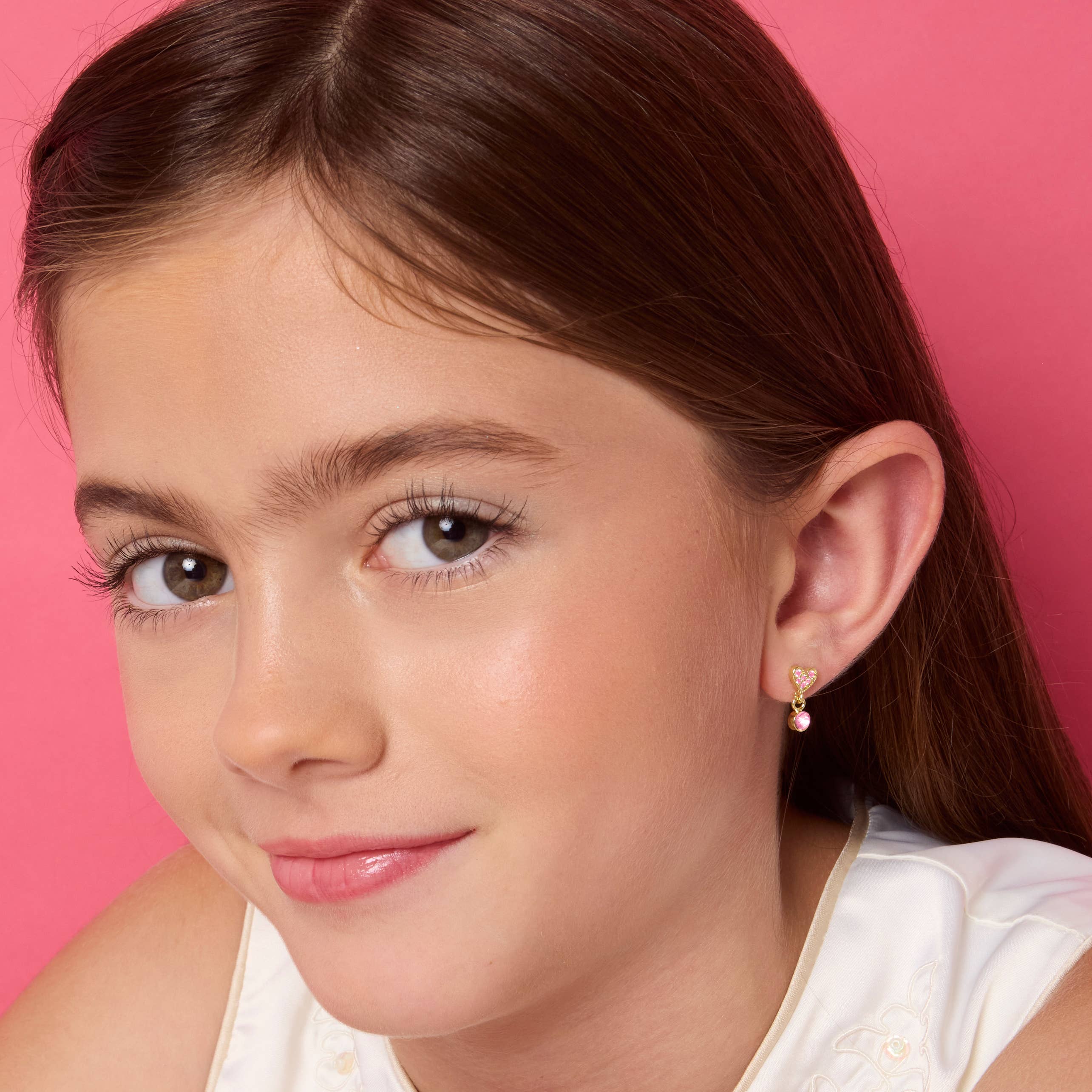 Pink Cubic Zirconia Heart Little Luxe Drop Earrings for Kids