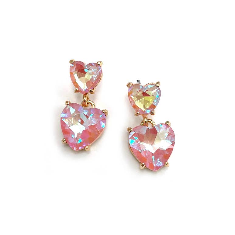 Double Glass Crystal Bead Heart Dangle Earrings