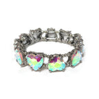 Silver-tone heart crystal linked stretch bracelet with iridescent rainbow stones