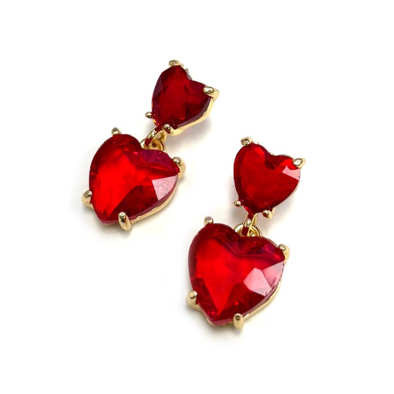 Double Glass Crystal Bead Heart Dangle Earrings