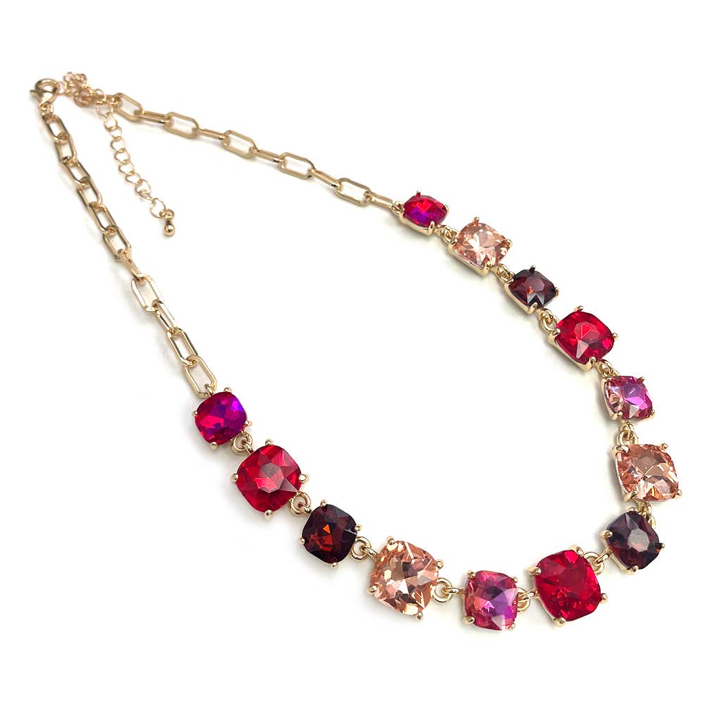 Cushion Cut Square Glass Crystal Linked Chain Necklace