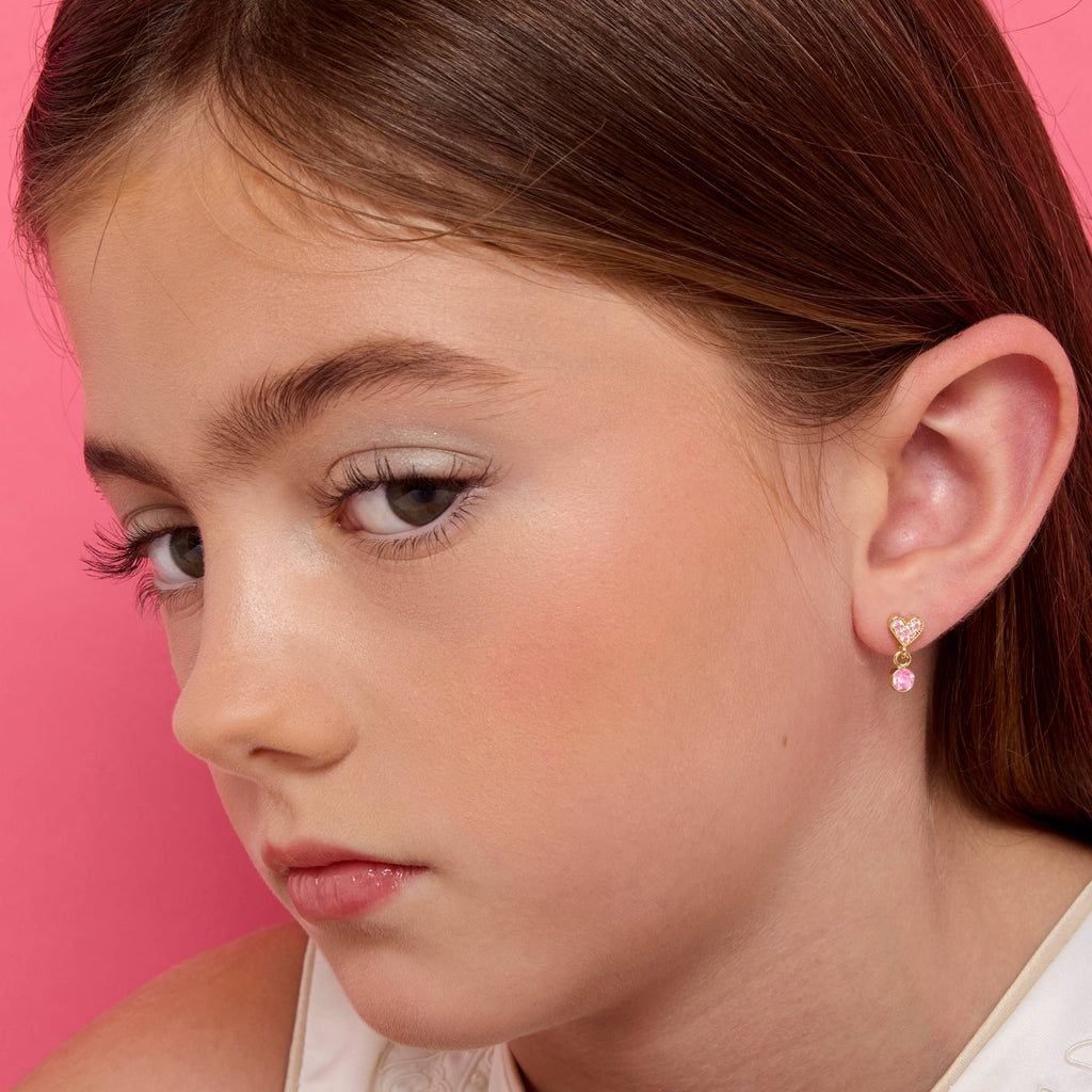 Pink Cubic Zirconia Heart Little Luxe Drop Earrings for Kids