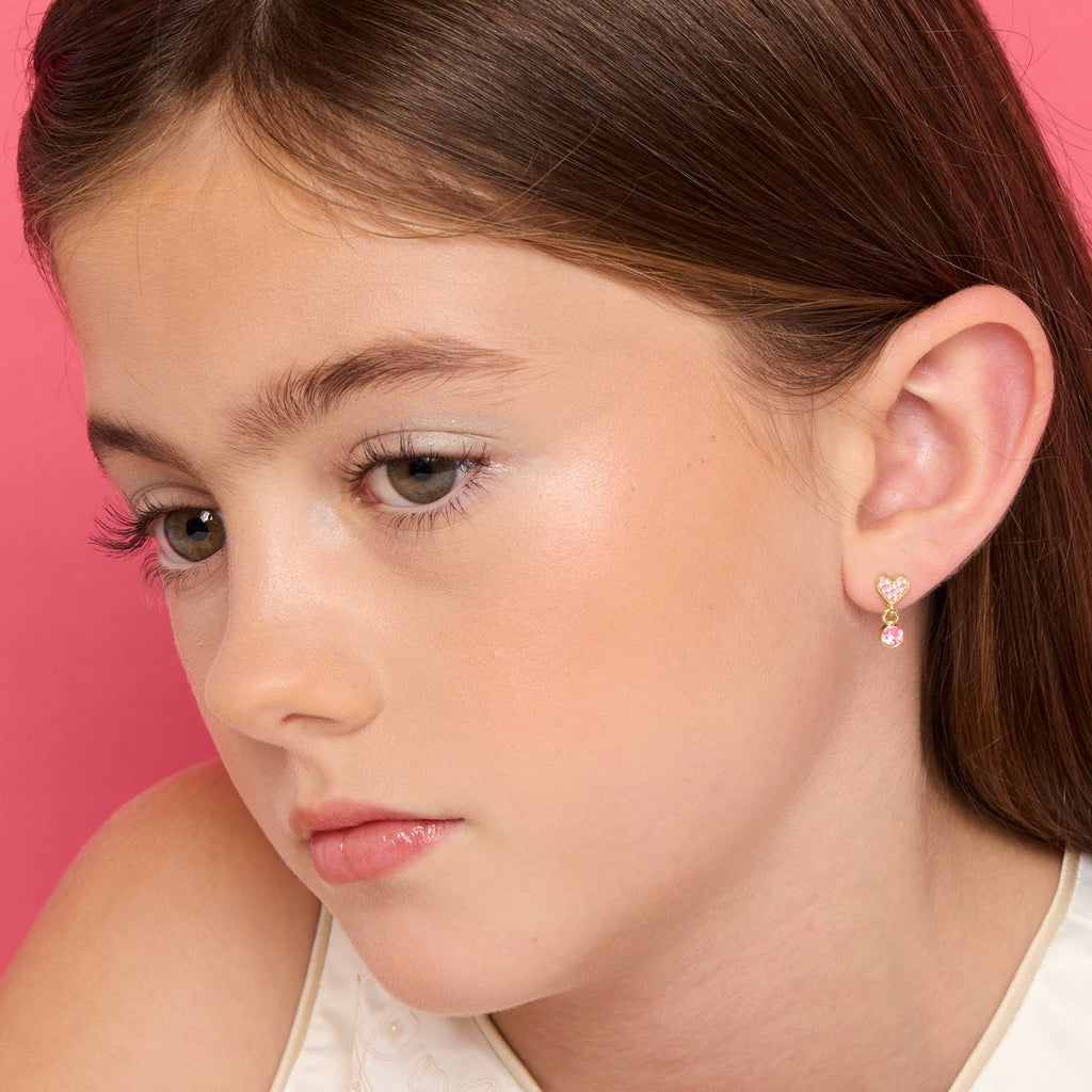 Pink Cubic Zirconia Heart Little Luxe Drop Earrings for Kids