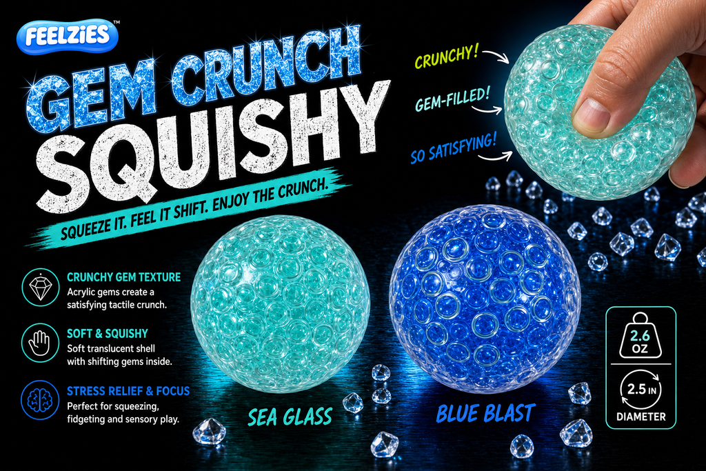 Gem crunch squishy sensory stress balls, blue and sea-glass, clear bubble texture
