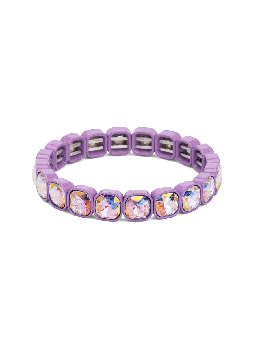 Purple square crystal stretch bracelet with clear faceted stones