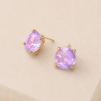 Round glass stud earrings with lavender AB stone and gold-tone S925 posts