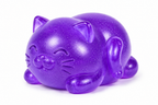 Purple squishy cat toy with embossed face, whiskers, and curled tail.