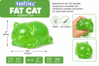 Green squishy fat cat toy on retail packaging with size and feature icons.
