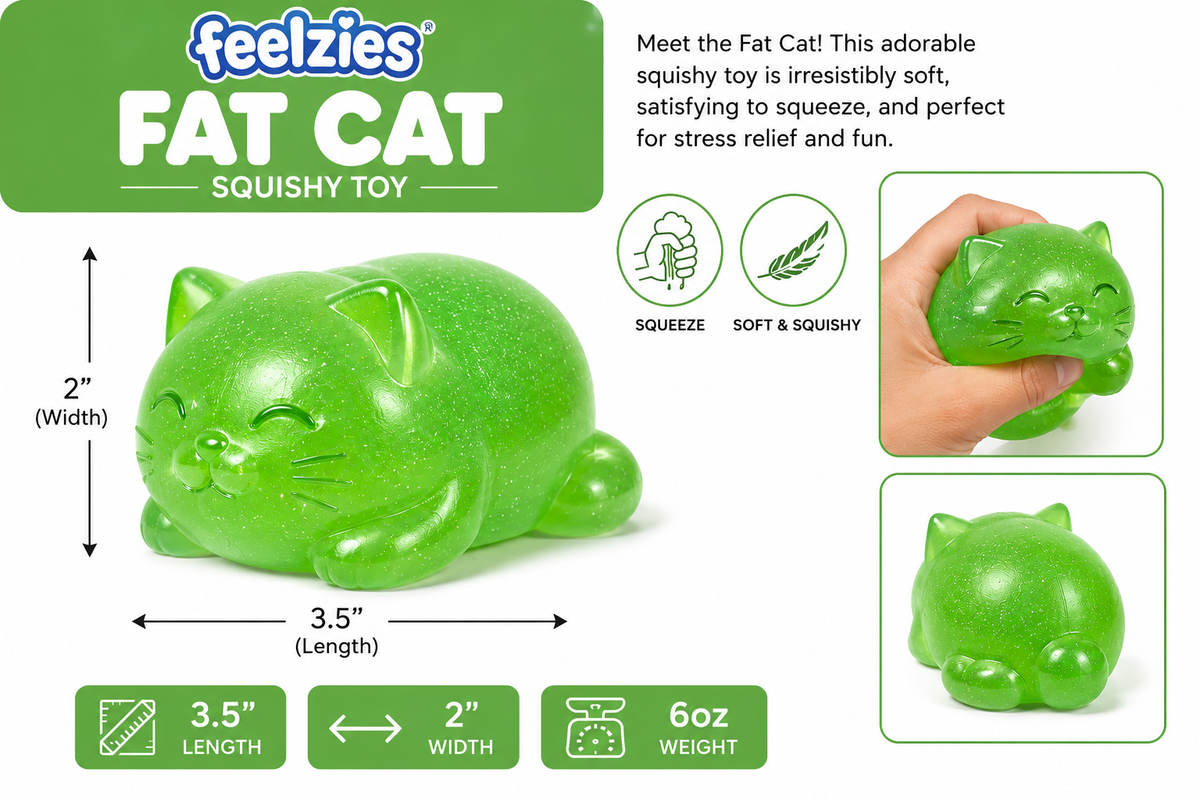 Green squishy fat cat toy on retail packaging with size and feature icons.