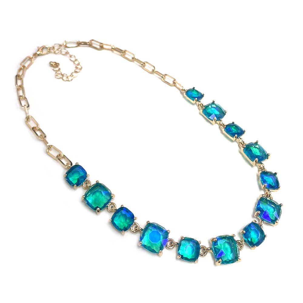 Cushion Cut Square Glass Crystal Linked Chain Necklace