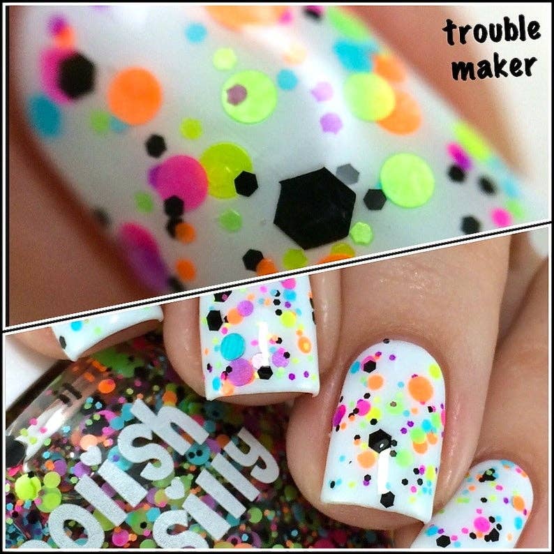 Trouble Maker Neon Polka Dot Nail Polish - UV Blacklight Glitter
