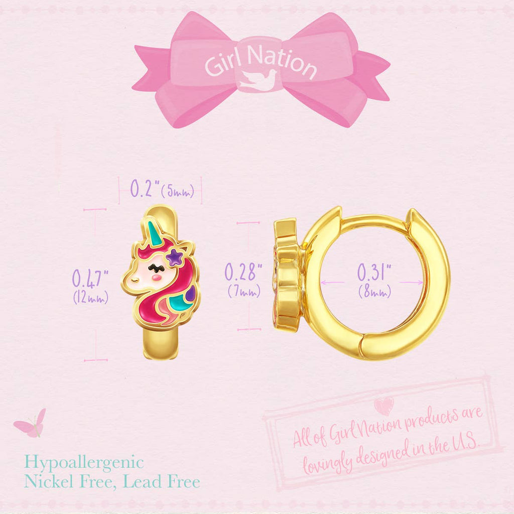 Unicorn 18K Gold Plated Huggie Earrings for Kids