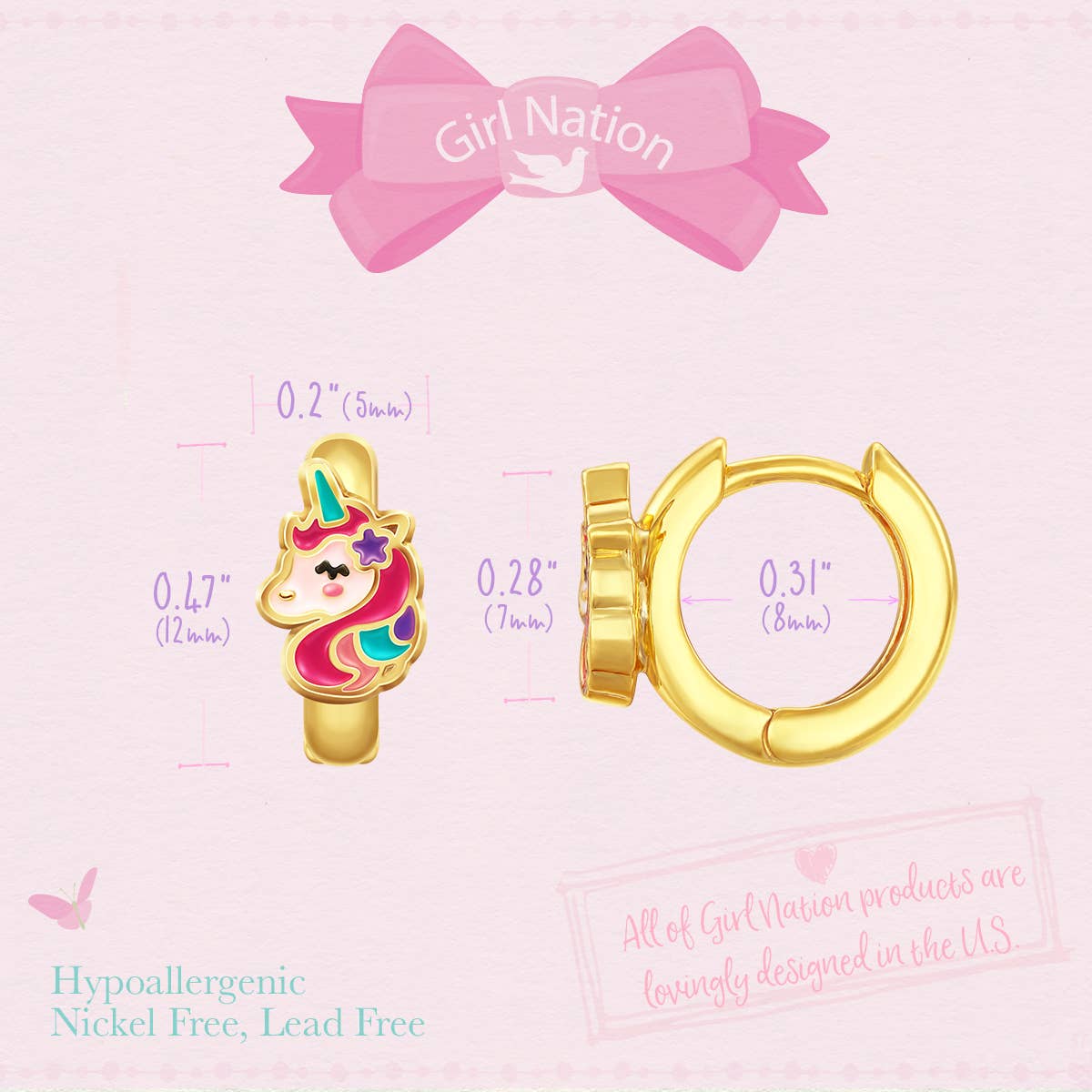 Unicorn 18K Gold Plated Huggie Earrings for Kids