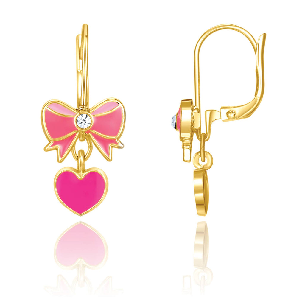 Pink Heart & Bow Leverback Dangle Earrings for Kids