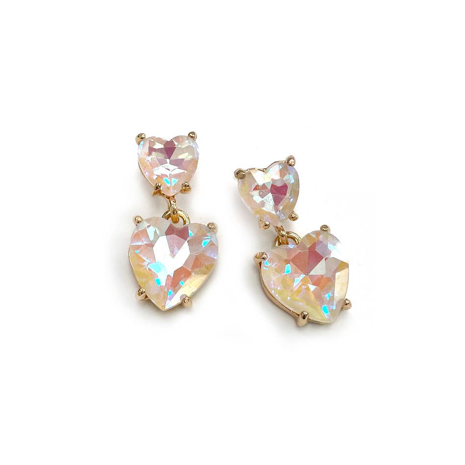 Double Glass Crystal Bead Heart Dangle Earrings