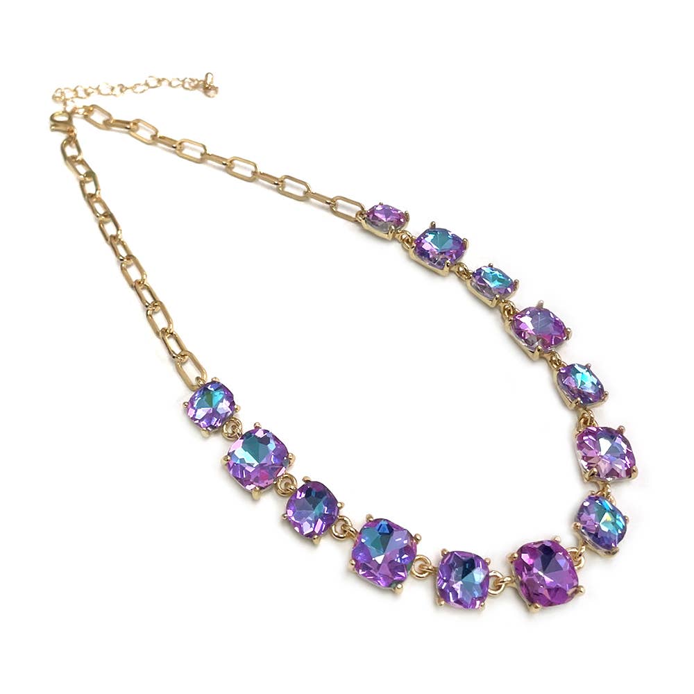 Cushion Cut Square Glass Crystal Linked Chain Necklace