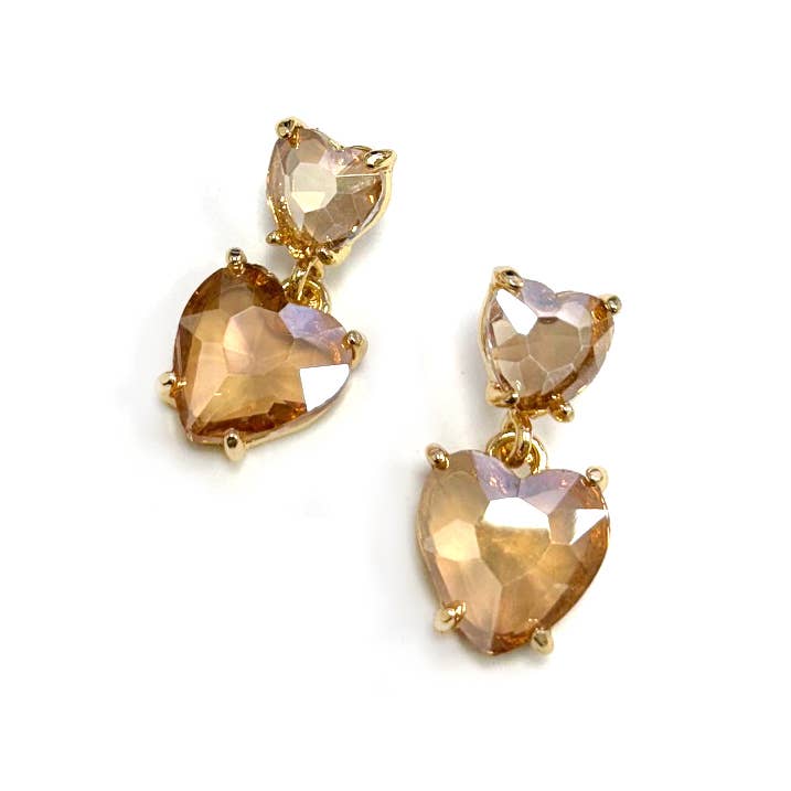 Double Glass Crystal Bead Heart Dangle Earrings