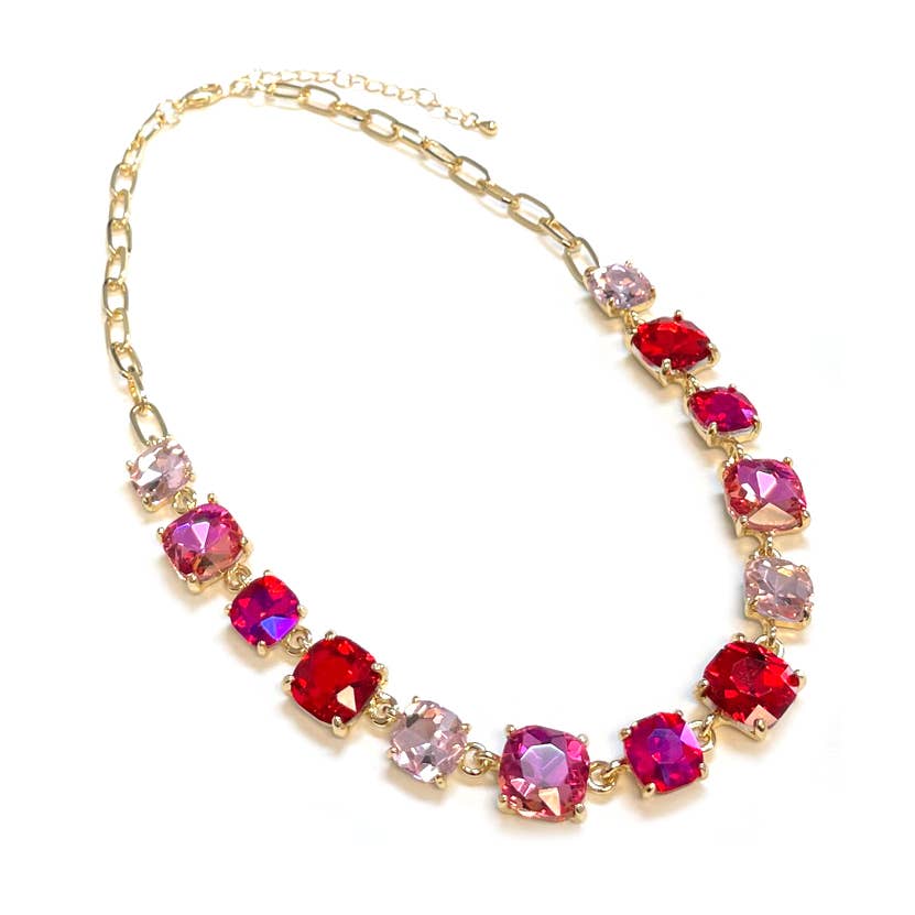 Cushion Cut Square Glass Crystal Linked Chain Necklace