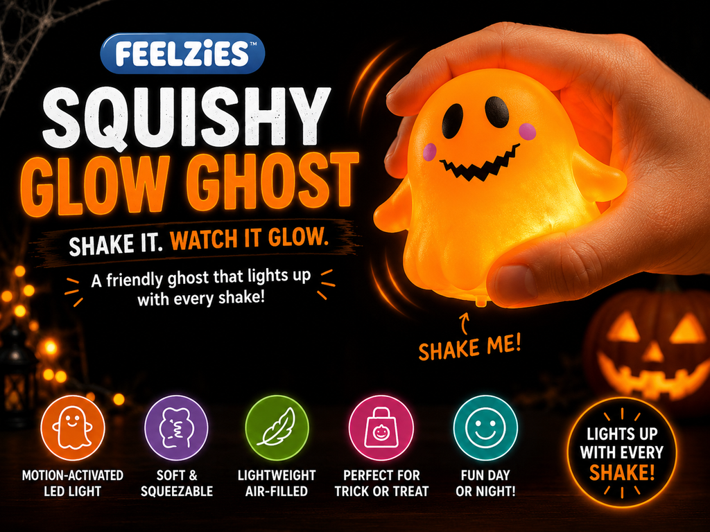 Light-up squishy glow ghost toy in orange, held in a hand with soft glow