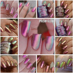Multichrome nail polish bottle and glossy swatches with pink, purple, and green shifts