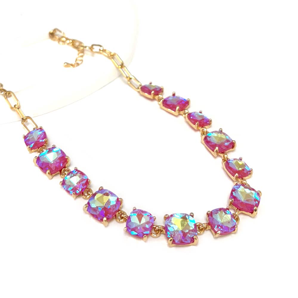 Cushion Cut Square Glass Crystal Linked Chain Necklace