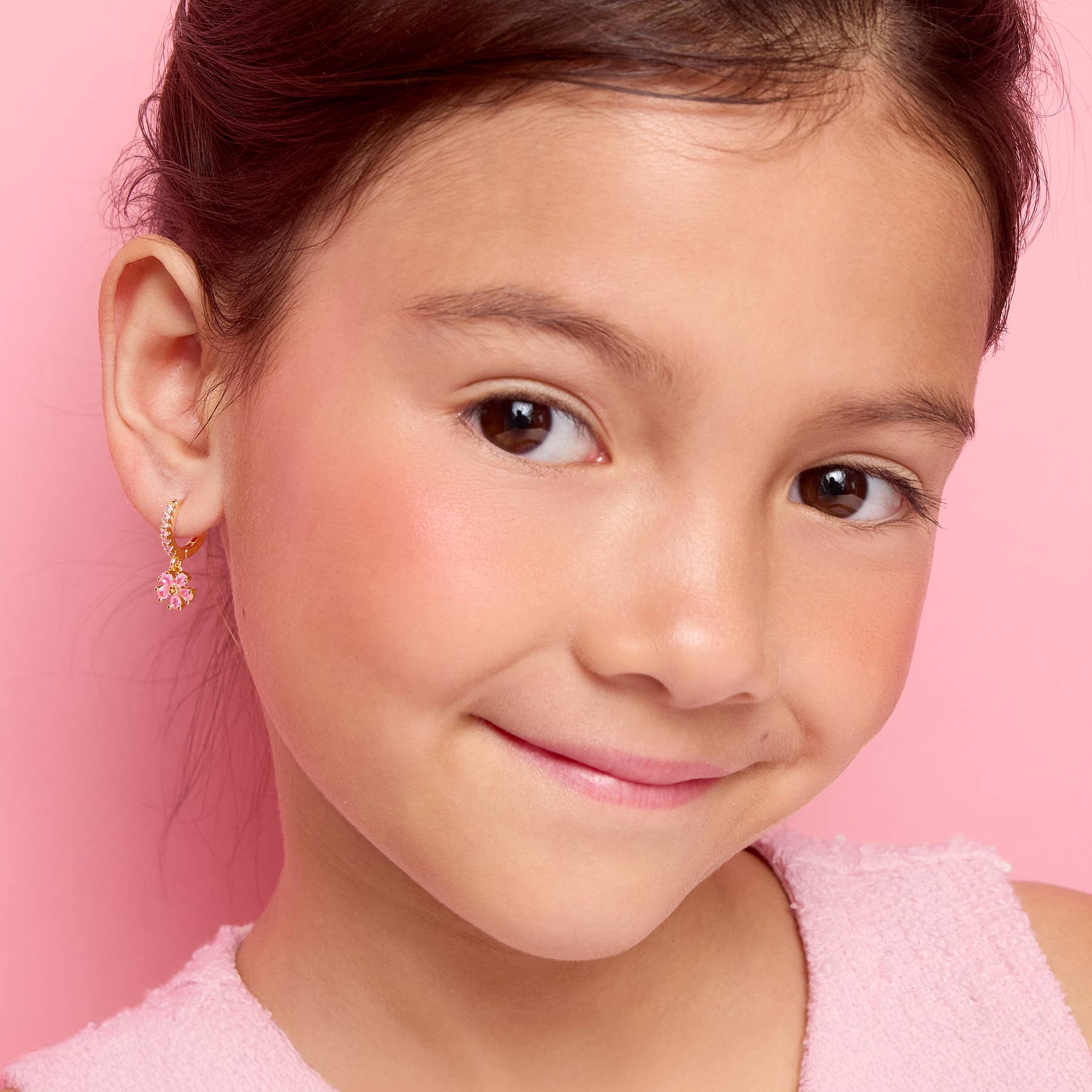 Pink Flower 18K Gold Plated Huggie Earrings for Kids