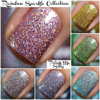 Rainbow sparkle nail polish topper with pink, gold, and green glitter nail swatches