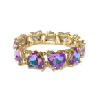 Gold-tone heart crystal linked stretch bracelet with purple and iridescent stones