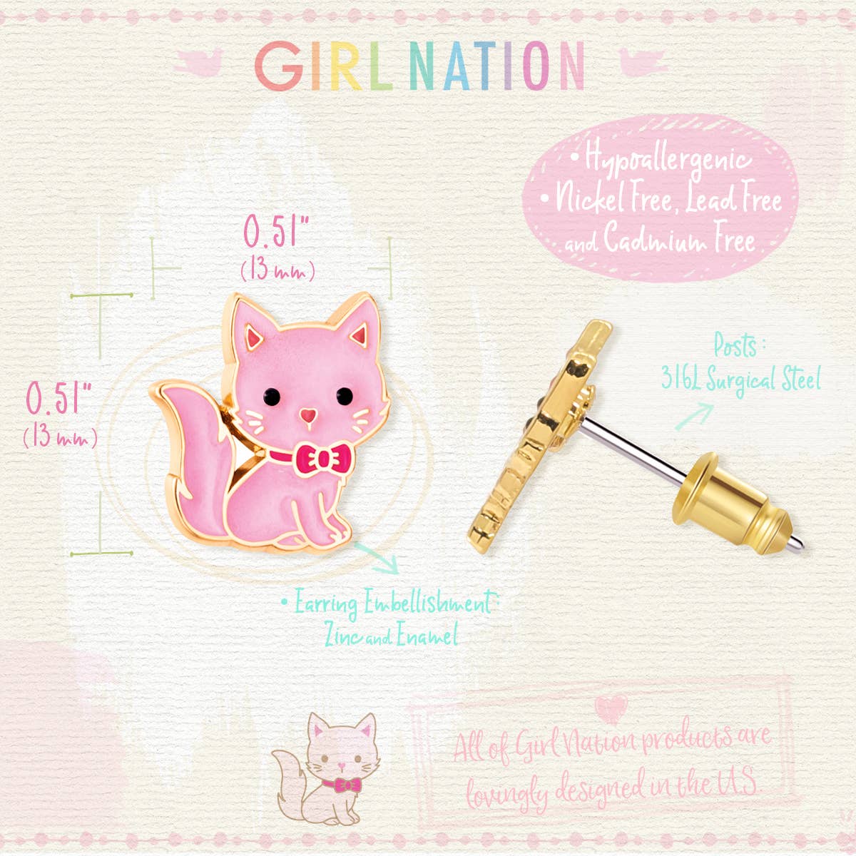 Pink Kitty Cutie Stud Earrings for Kids