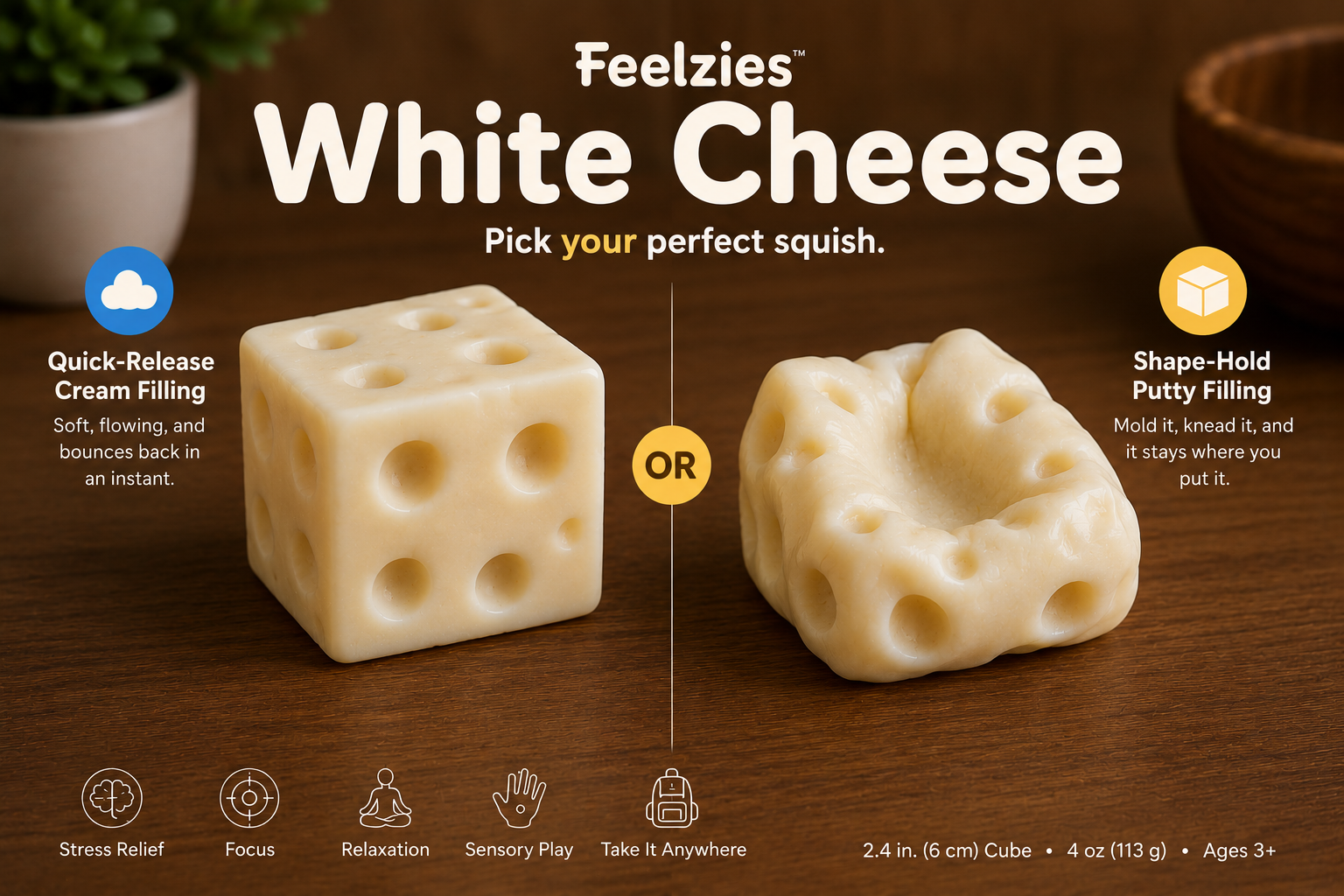Feelzies™ White Cheese Squishy | Stress Relief Fidget Toy