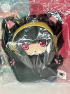 Plush character pendant with black hood, golden trim, and red eye face embroidery