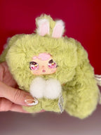 Cloud plush bag charm bunny, lime green with pink blush face, shiny round eyes