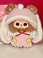 Pink plush baby doll in bunny-eared hood with star trim dress and striped arms
