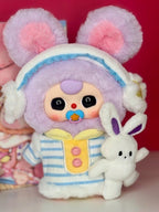 Lilac plush baby doll in bunny-ear hood with blue-striped vest and white rabbit