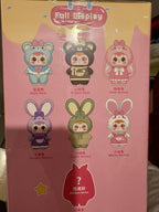 Macaroon plush blind box back showing nine animal figure styles and hidden item icon