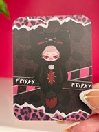 Blind box sleeve showing black-and-red character with 'FRIDAY' text and leopard border
