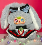 Gray rabbit plush coin purse with black bow tie and red-striped apron, plus beaded strap.