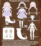 Ball-jointed doll accessory set diagram: headband, dress, shoes, socks, tail, pet.