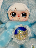 Blue plush bunny hood with big black eyes, red nose, and glitter heart belly