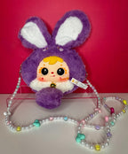 Purple plush rabbit chain bag with beaded straps and cute face plush charm