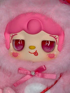 Plush cat face pendant with fluffy pink hood, purple eyes, and pink bow detail