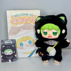 Black plush cat pendant with green face and yellow strap, standing pose