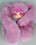 Lilac plush doll wearing jellyfish hood, long plush arms and curled pose
