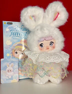 Nommi weather designer plush doll in white bunny hood with pastel lace dress