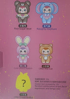 Back of plush toy box with character lineup: Sugar Bear, Naughty Elephant, Cute Rabbit