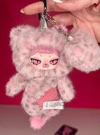 Light gray plush character pendant keychain with chain and cartoon face, bowless outfit